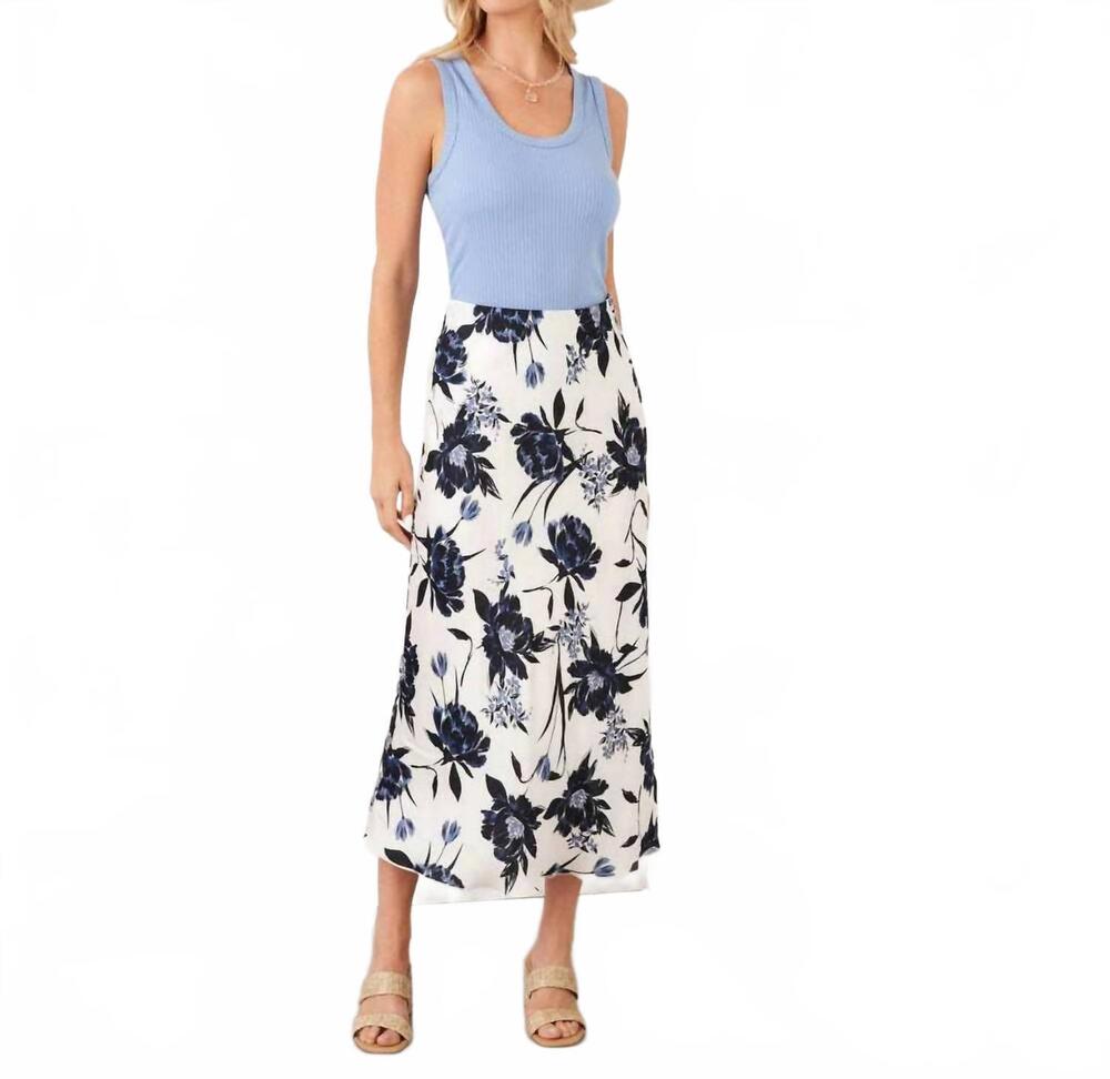NEW KAREN KANE satin bias cut midi skirt in ivory navy blue floral print